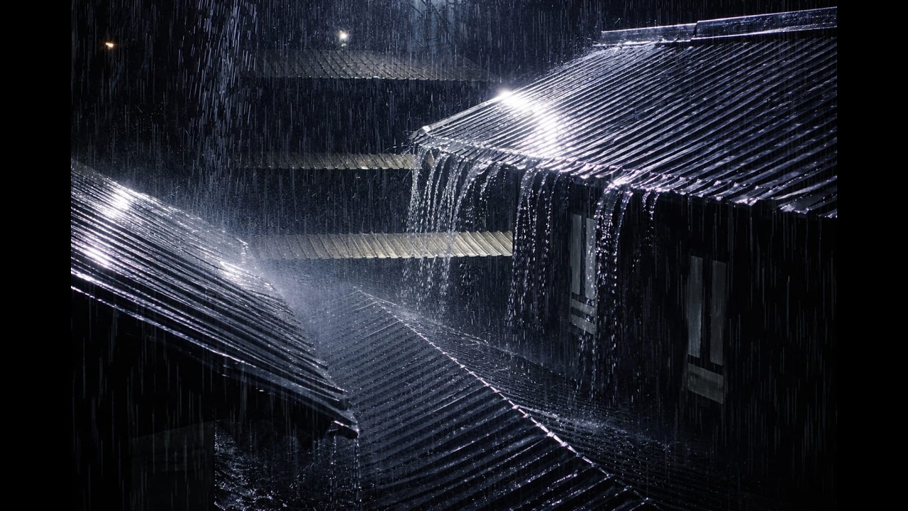 Torrential Rain Flowing Off Rooftop – Relaxing Night Rain Ambience