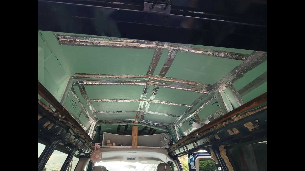 2005 GMC Savanna van camper build #8 finishing the insulation in the raised roof.