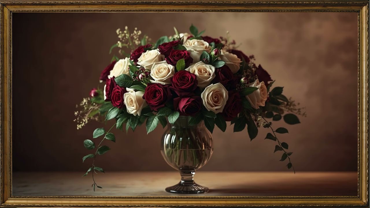 💐 فازة ورود حمراء داكنة وبيج وبيضاء |Screen Saver for TV