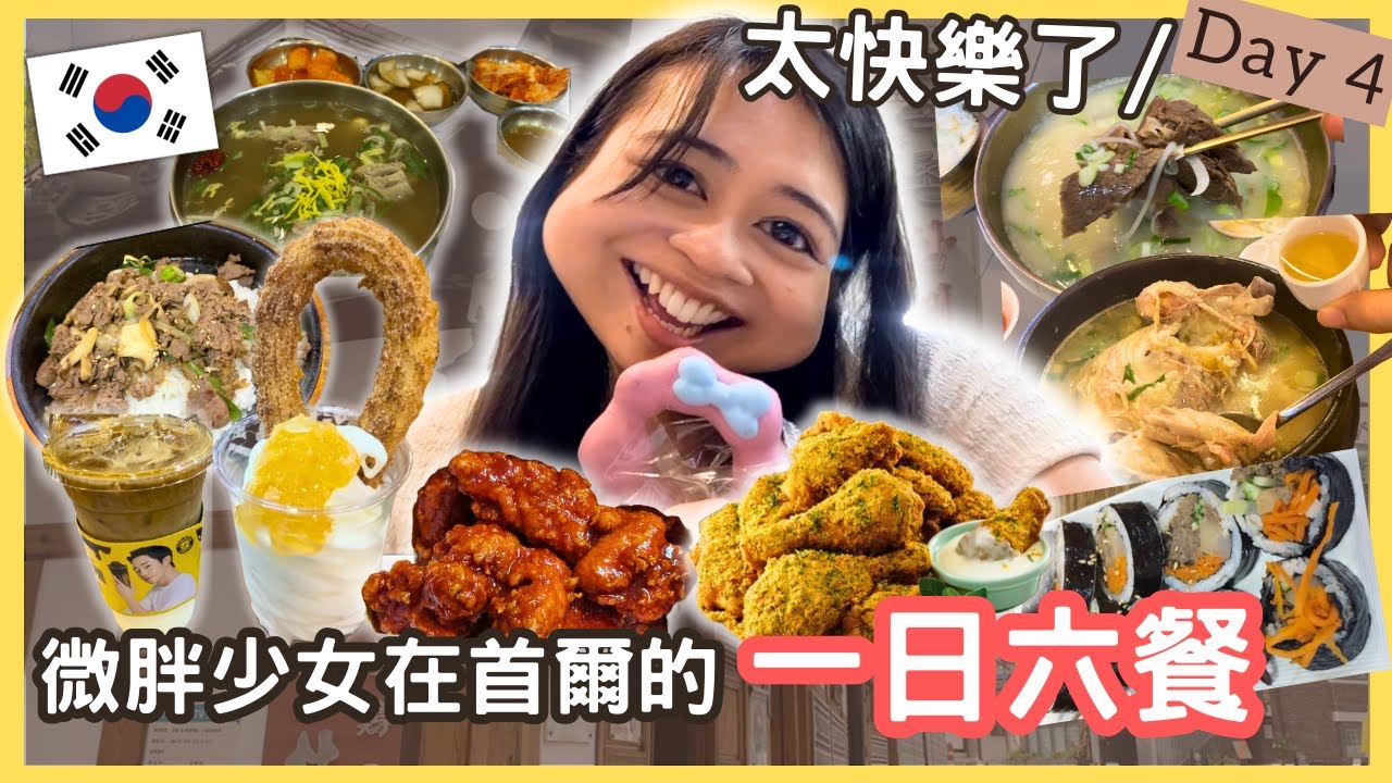 [🔥我在韓國🇰🇷的一日六餐😳]10小時的逛街行程都不能阻止我吃美食😡丨人氣芝士炸雞🍗丨🍨乳酪雪糕Churros丨牛肉蓋飯🐄丨牛肉包飯丨人蔘雞湯🍗丨雪濃湯[🇰🇷母女瘋遊首爾 Ep.4]