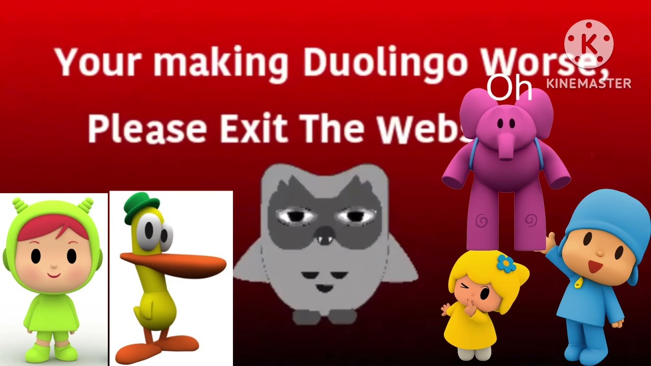 Duolingo anti-piracy screen but 5 Pocoyo characters want to see it
