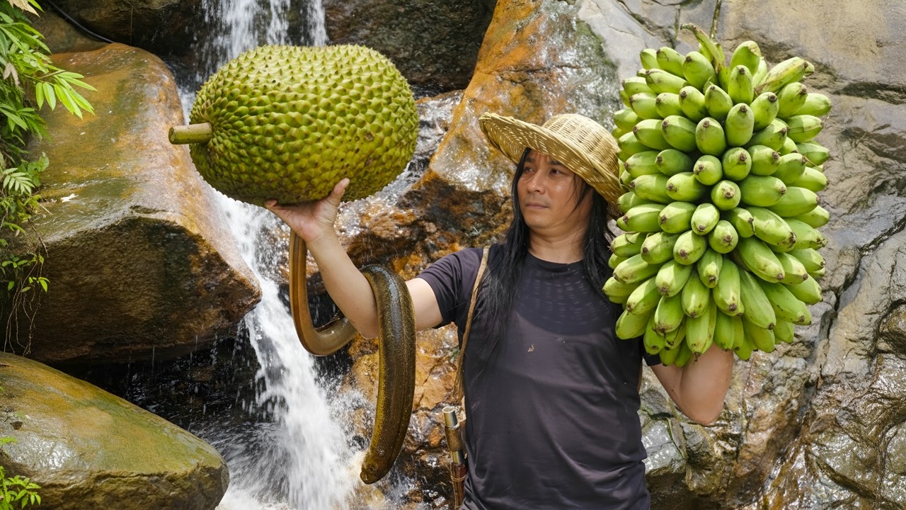 Harvesting wild fruits, foraging for food - Setting up shelter, cooking, surviving on the river