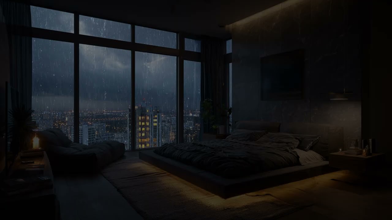 Soft Rain Over Neon City Seen From Modern High Rise Bedroom Window