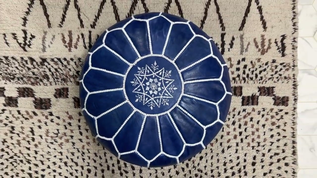 Kechart - Moroccan blue leather floor ottoman, handmade pure leather pouf, traditional leather chair