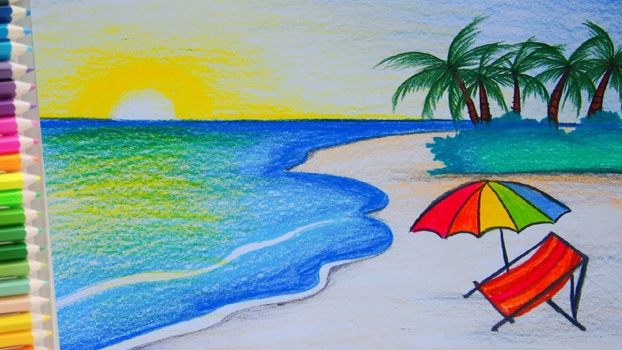 วาดรูป ทะเล ง่ายๆ |How to draw a scenery of sea beach