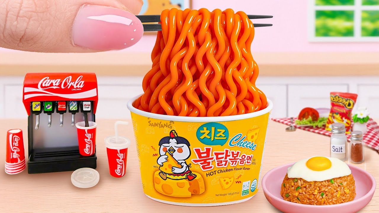 How To Cook Miniature Korean Cheese Noodles with Fried Rice Eggs by Tony Mini Food