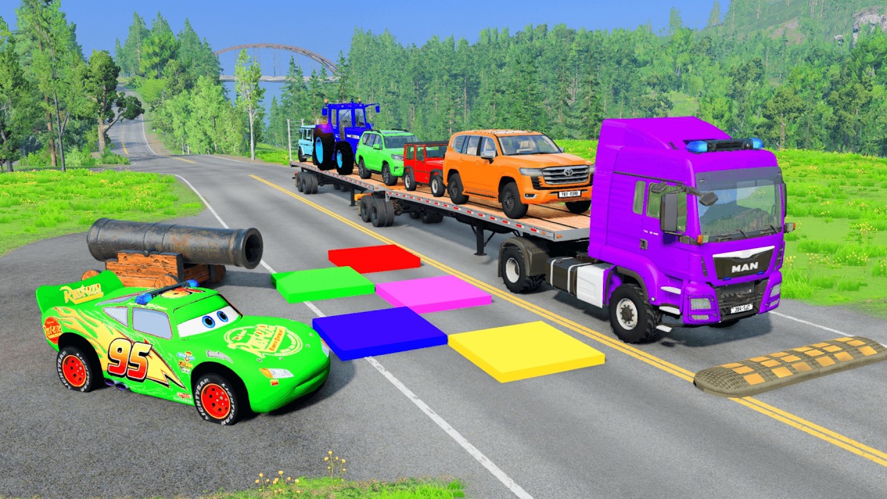 Flatbed Trailer McQueen Transportation with Truck - Speedbumps vs Car vs Train - BeamNG.drive #61
