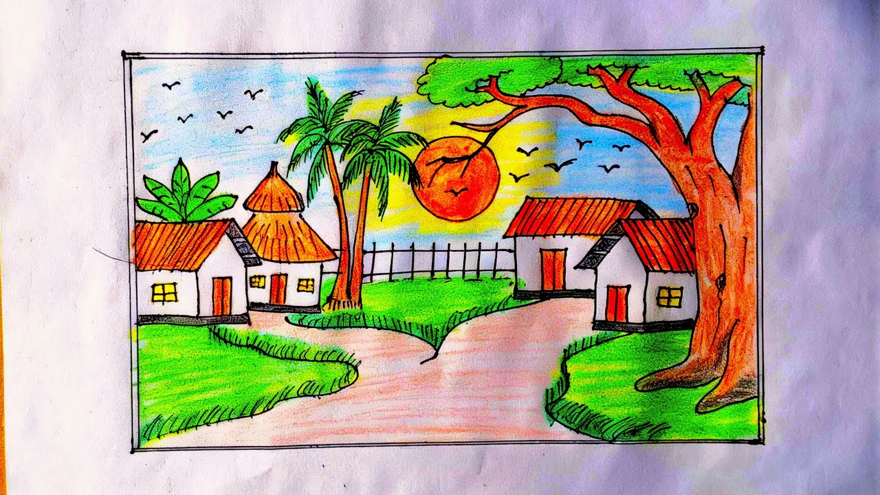 খুব সহজে গ্রামের দৃশ্য অংকন। How to make a beautiful village scene is drawing easily 