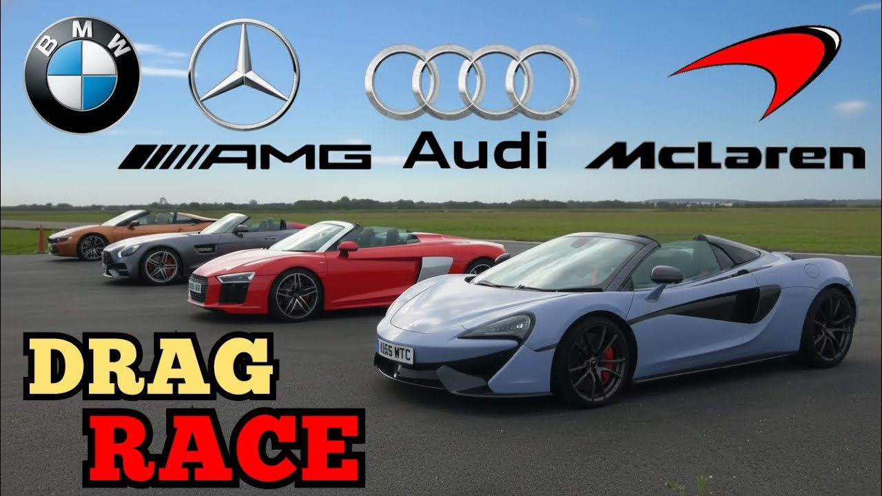 Quarteto Fantástico! McLaren 570S vs Mercedes AMG GT/C vs Audi R8 Spider vs Bmw i8 ( DRAG RACE )