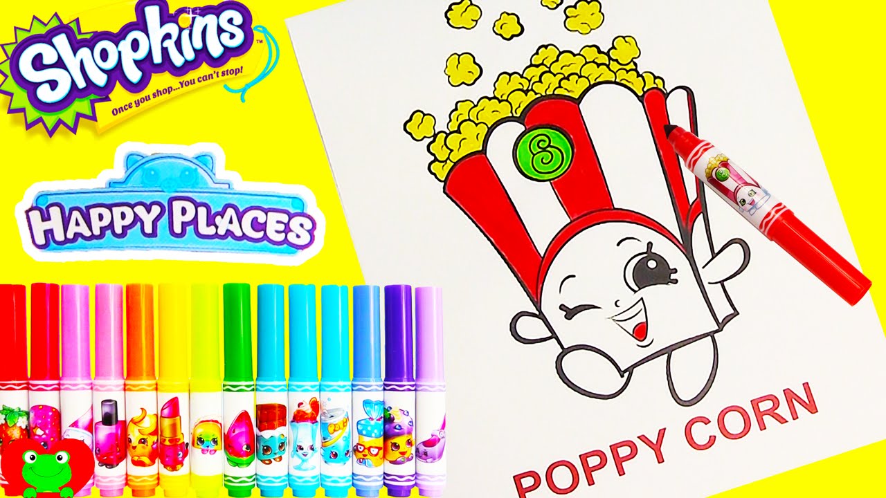 Shopkins Poppy Corn Crayola Coloring Page with Happy Places Lip Balms and Surprises