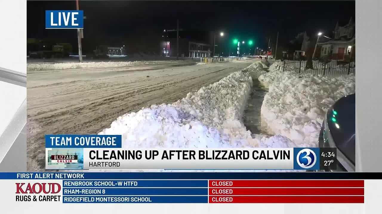 Hartford cleanup continues after Blizzard Calvin as snow banks narrow roads