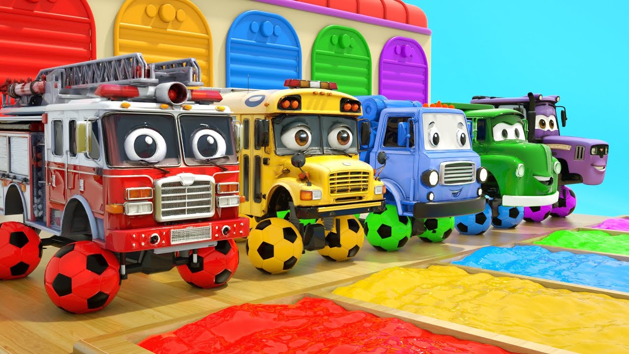 El autobús escolar y el camión de bomberos cambian las ruedas por pelotas - Canciones infantiles
