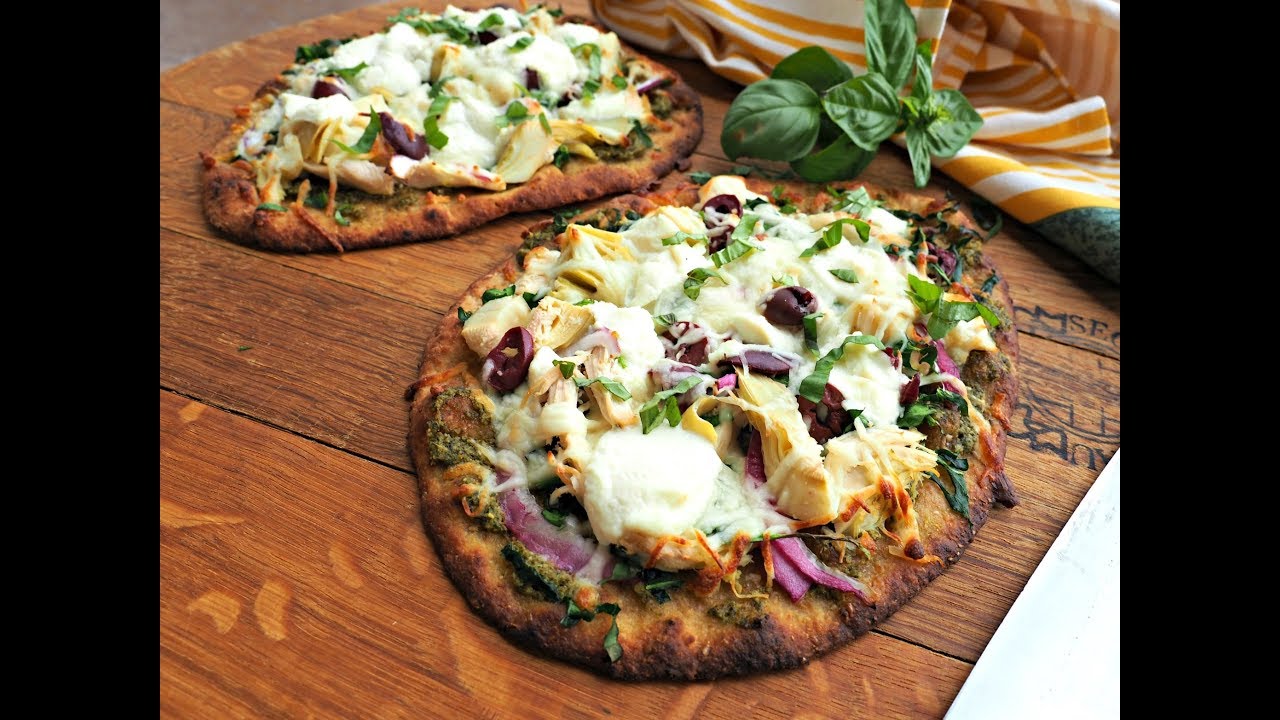 Pizza Recipe: Artichoke, Chicken & Pesto Naan Pizza by Everyday Gourmet with Blakely