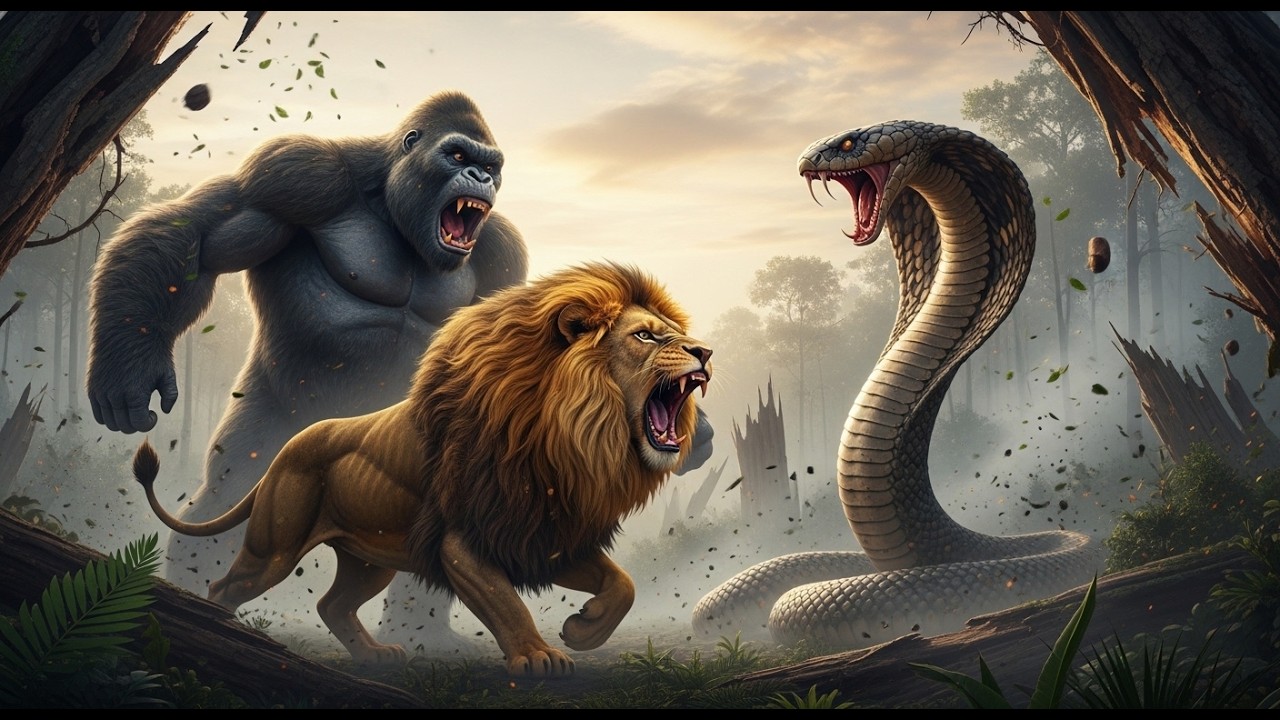 King Kong & Giant Lion vs Giant Cobra | Epic Jungle Battle 🦍🦁🐍