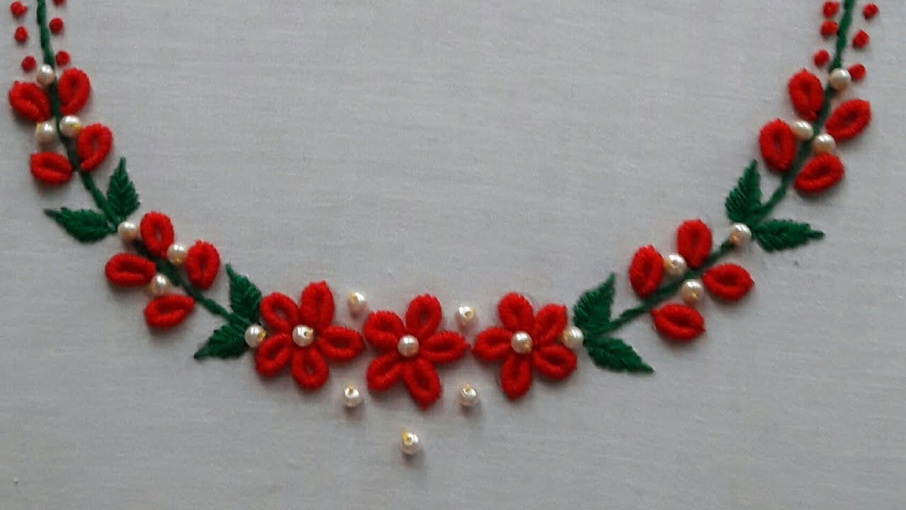 Hand Embroidery Tutorial : Neckline Design /Bullion Knot stitch