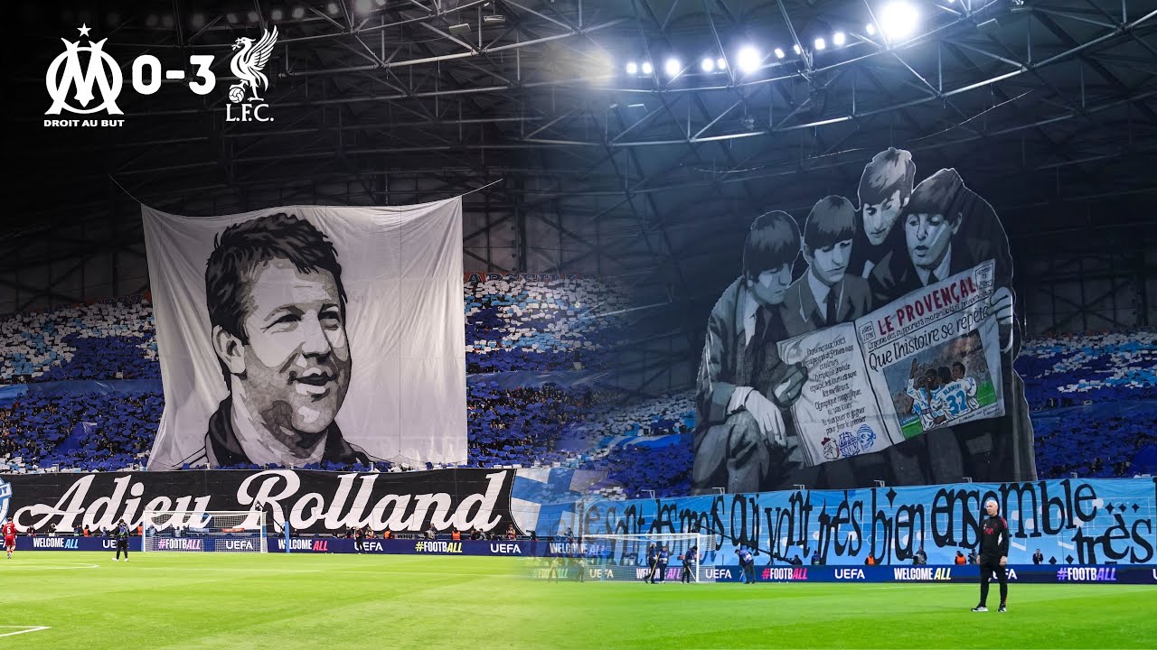 Les TIFOS SUBLIMES pendant OM - Liverpool (hommage à Courbis, les Beatles...)