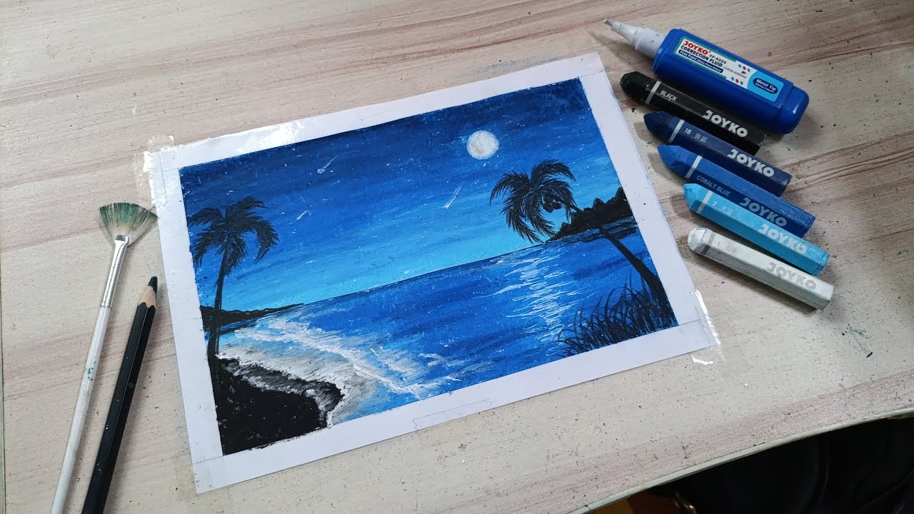 Hanya Dengan 5 Warna Bisa Jadi SeINDAH ini😱❓| Tutorial Menggambar Pantai Malam Hari Dengan Crayon