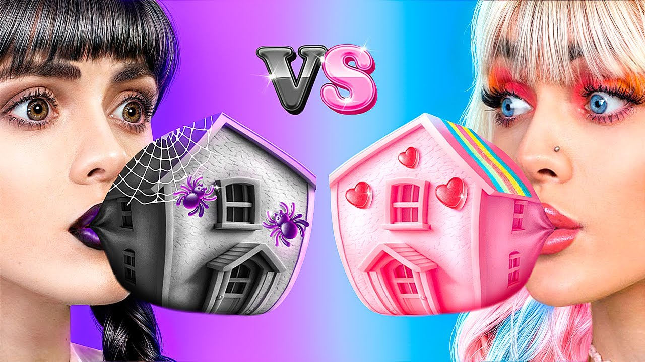 One Colored House Challenge! Wednesday Addams vs Enid! Best Building Hacks!