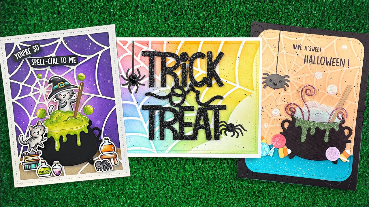 Intro to Build-A-Cauldron & Spiderweb Background Stencils + 3 cards from start to finish