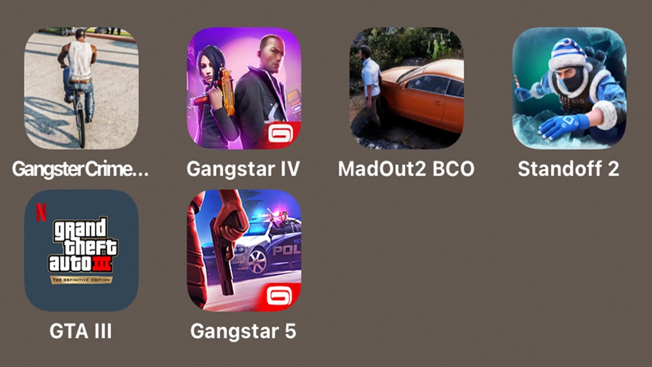 GANGSTER CRIME,GANGSTAR 4 VEGAS,MADOUT 2 BCO,STANDOFF 2 FROSTY CHAOS,GRAND THEFT AUTO III,GANGSTAR 5