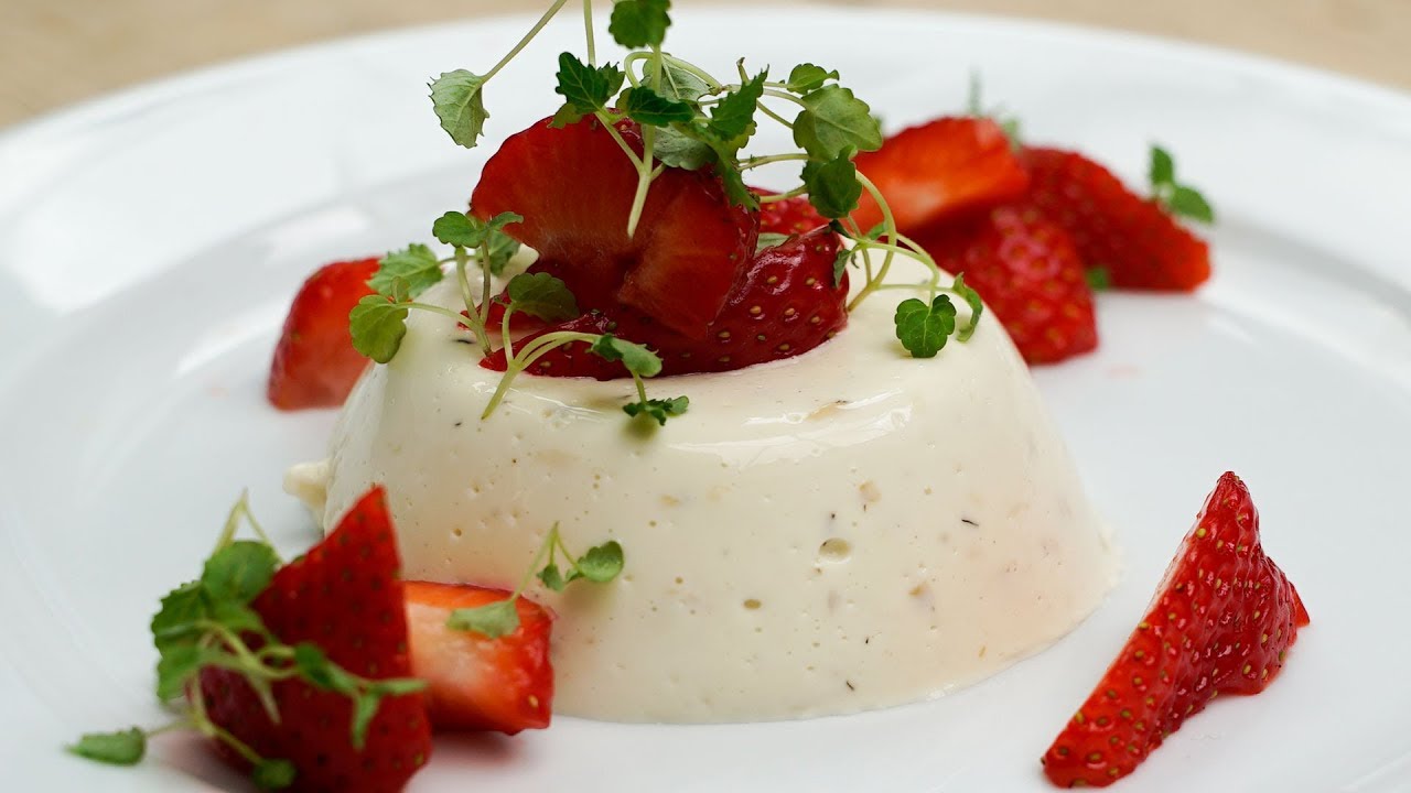 Tonka Bean Panna Cotta with Strawberries, Rhubarb & Milk Crumble