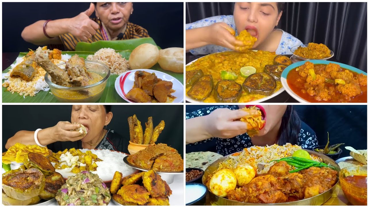 Asmr🔥Eating Luchi, Panta Bhat Alu Dum , Chingrir Jhol, Fish Fry, Chicken Curry, Gobhi Korma, Mix Veg