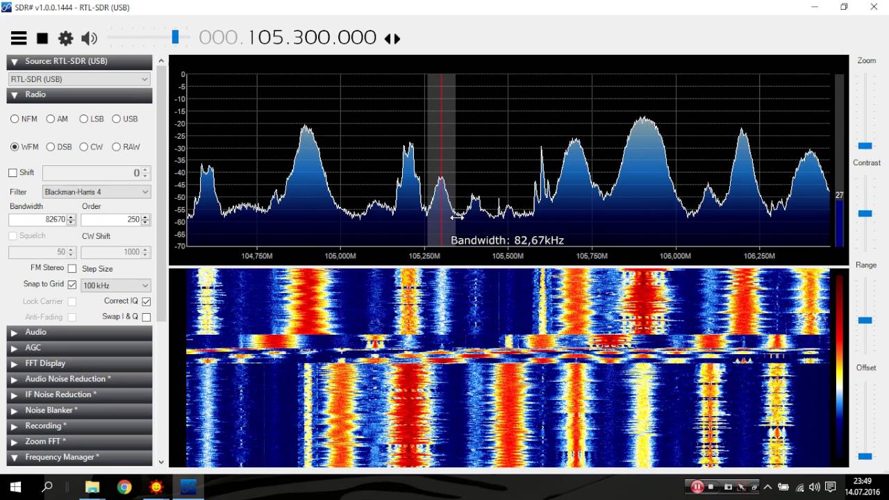 SDRSharp - strojenie ustawione na 100KHz Step Size