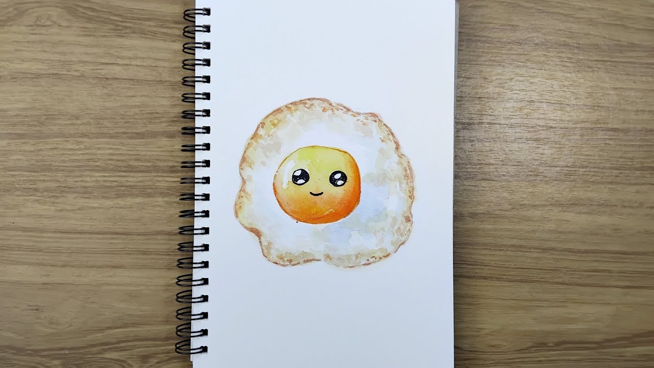 Fried egg painting with watercolor on paper 