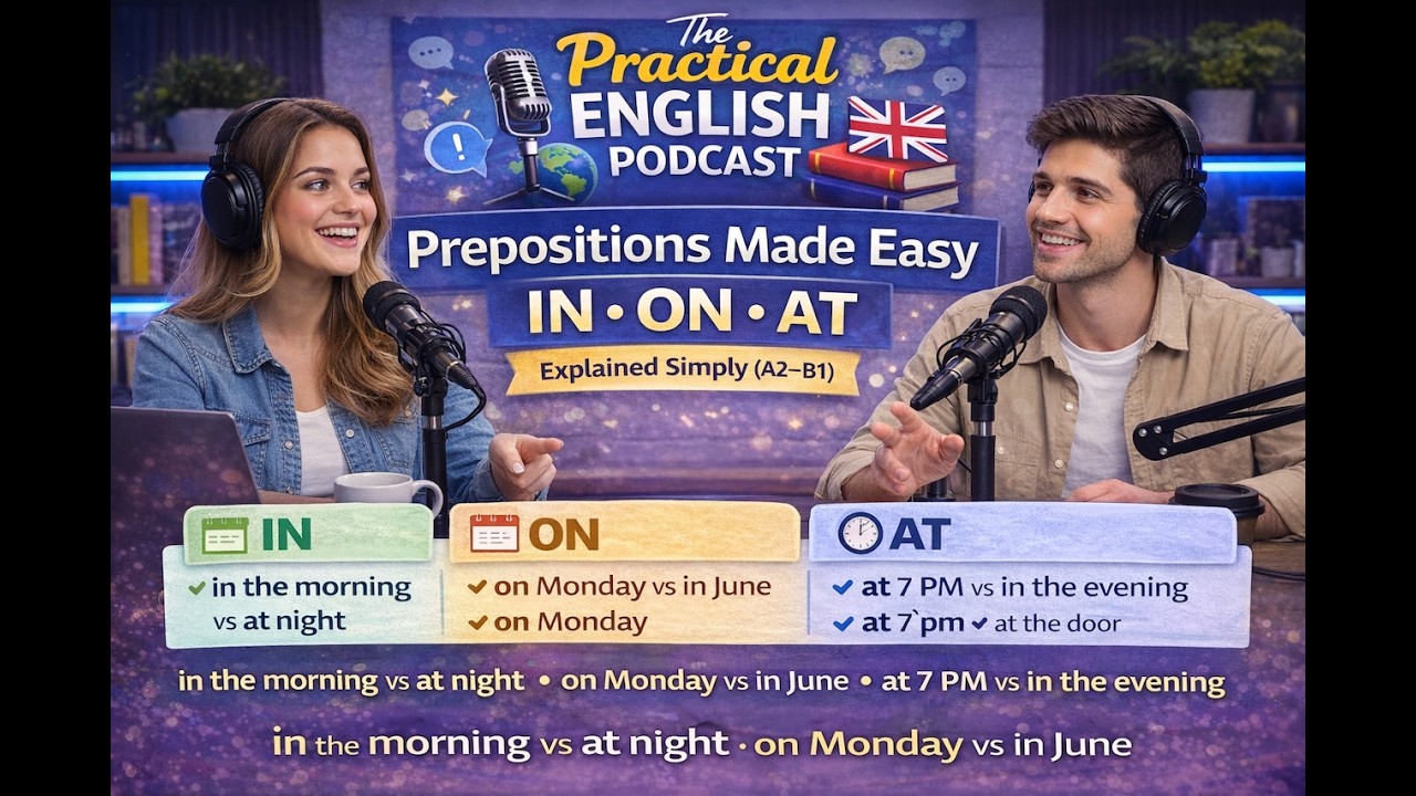 Prepositions Made Easy | IN, ON, AT (Time & Place) Explained Simply (A2–B1)