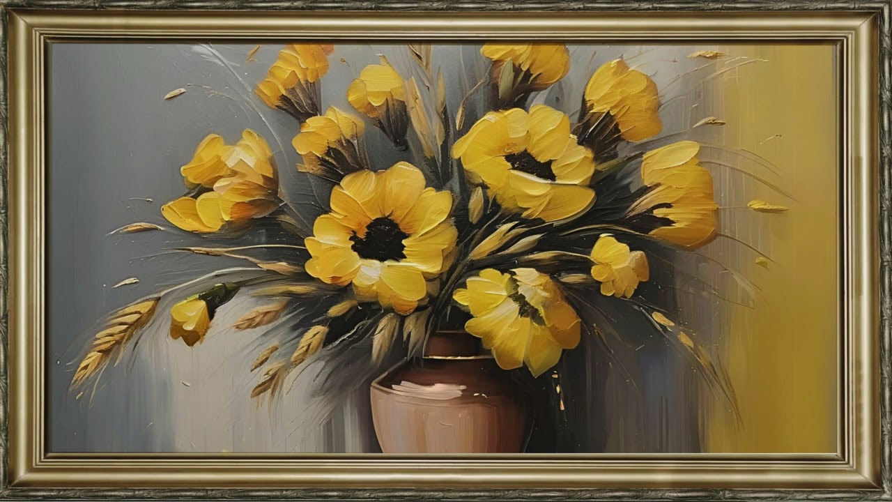 FRAME TV ART SCREENSAVER SILENT WALLPAPER 3D ABSTRACT YELLOW FLOWER PAINTING INTERIOR ART 4K