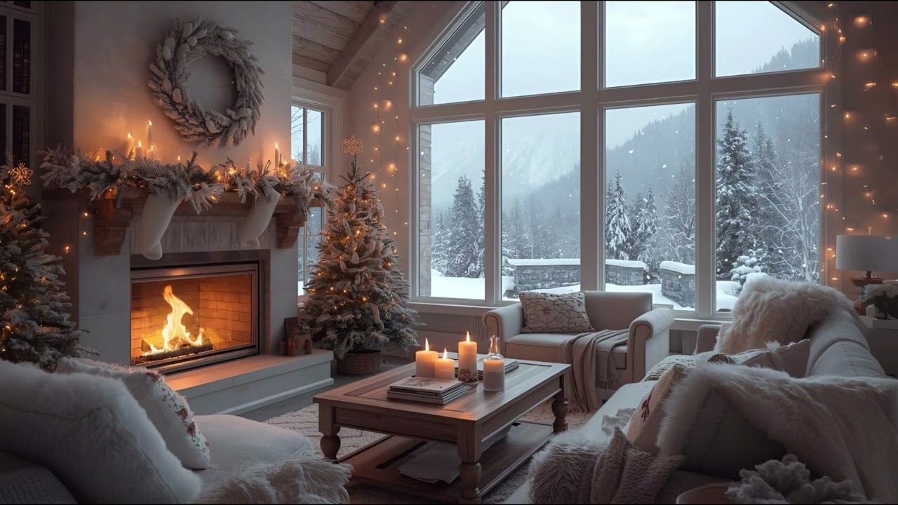 Winter Wonderland Living Room Ambience (Music) ❄️ Cozy Fireplace, Candlelight & Snowy Mountain Views