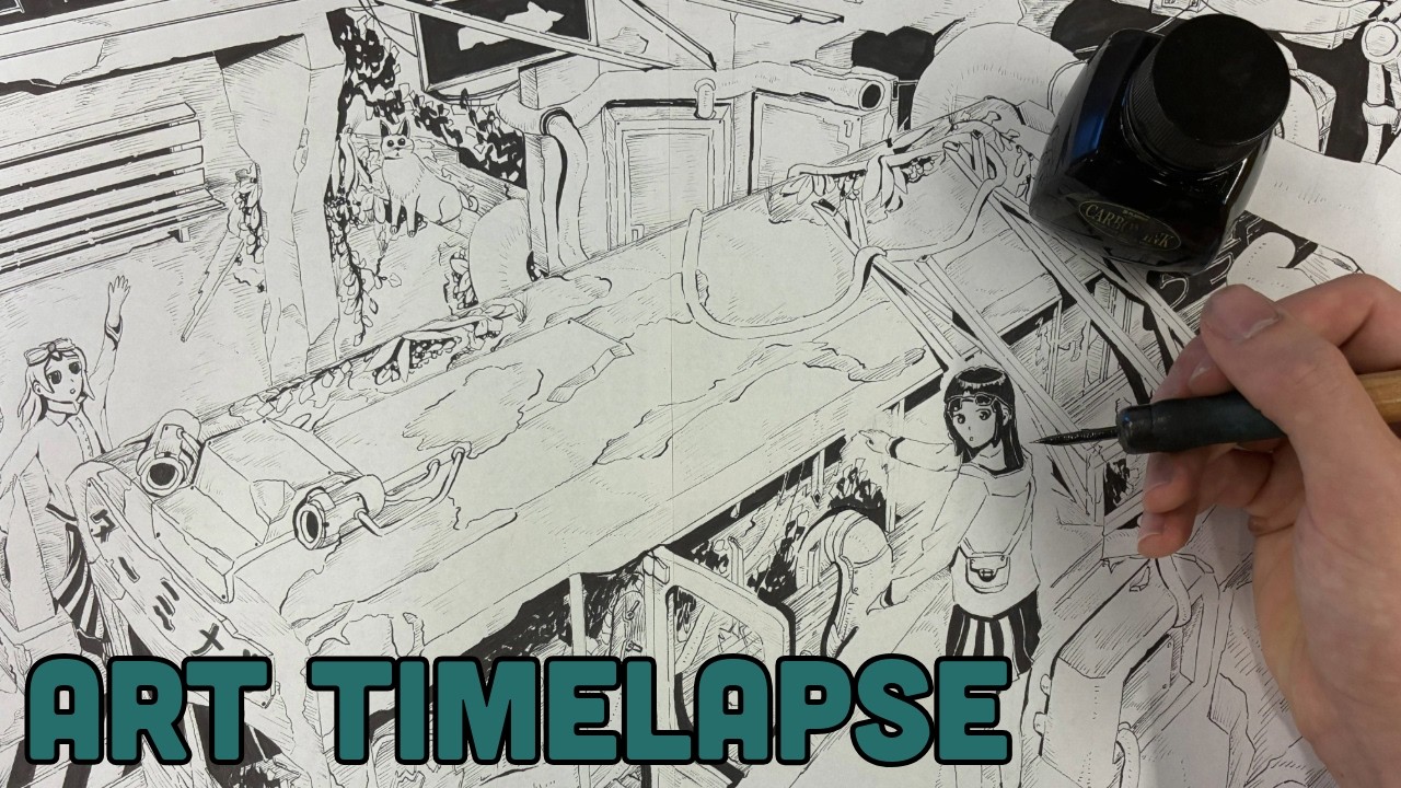 MANGA-STYLE Timelapse Drawing | The Train Station | Traditional Ink Art 02