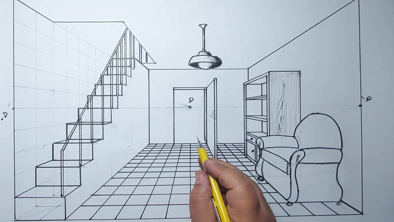 رسم منظور سلم داخل حجرة بنقطة هروب واحدة ladder perspective inside a room