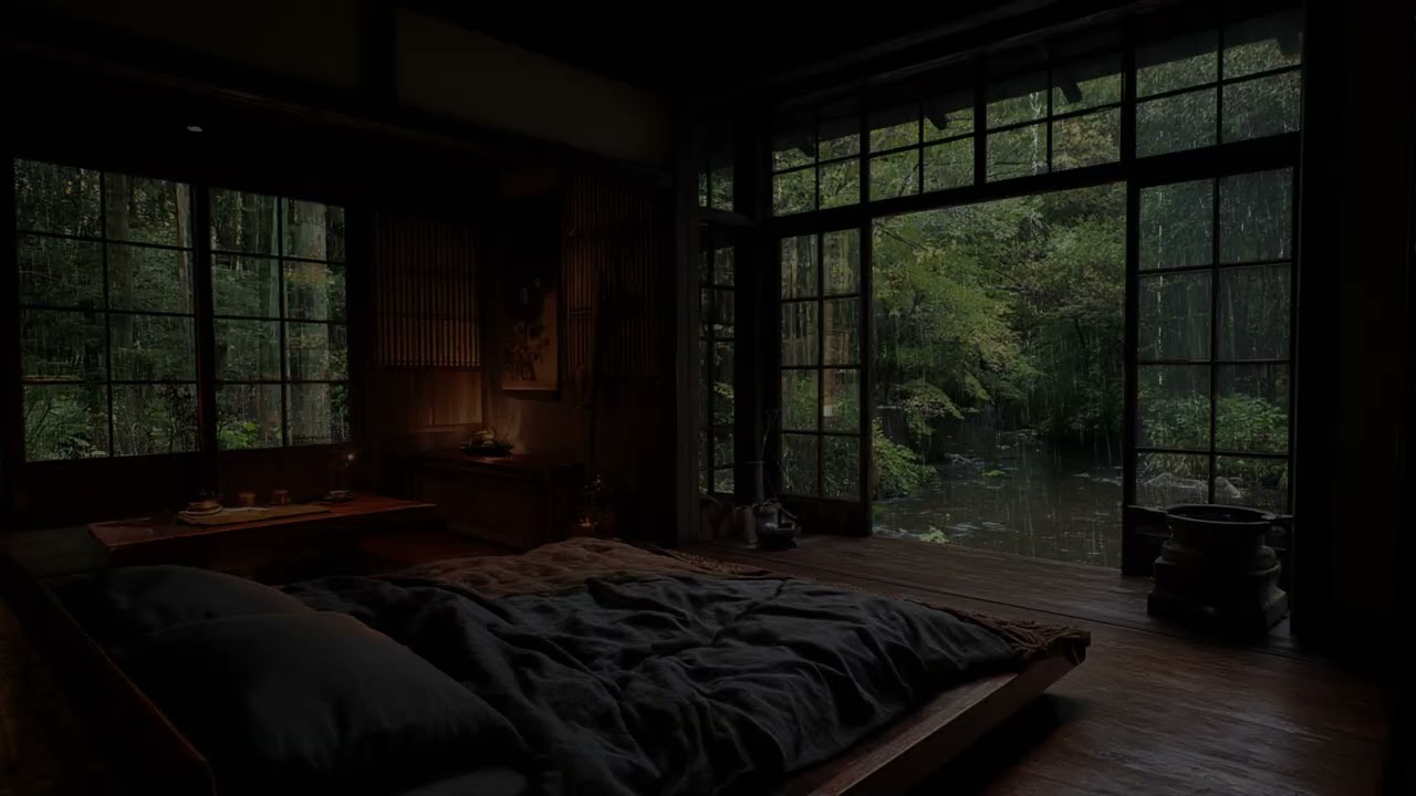 Midnight Shower In Serene Japanese Tatami Room Overlooking Misty Forest Dreams Softly
