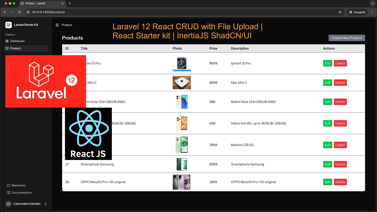 Laravel 12 React CRUD with File Upload | React Starter kit | InertiaJS ShadCN/UI