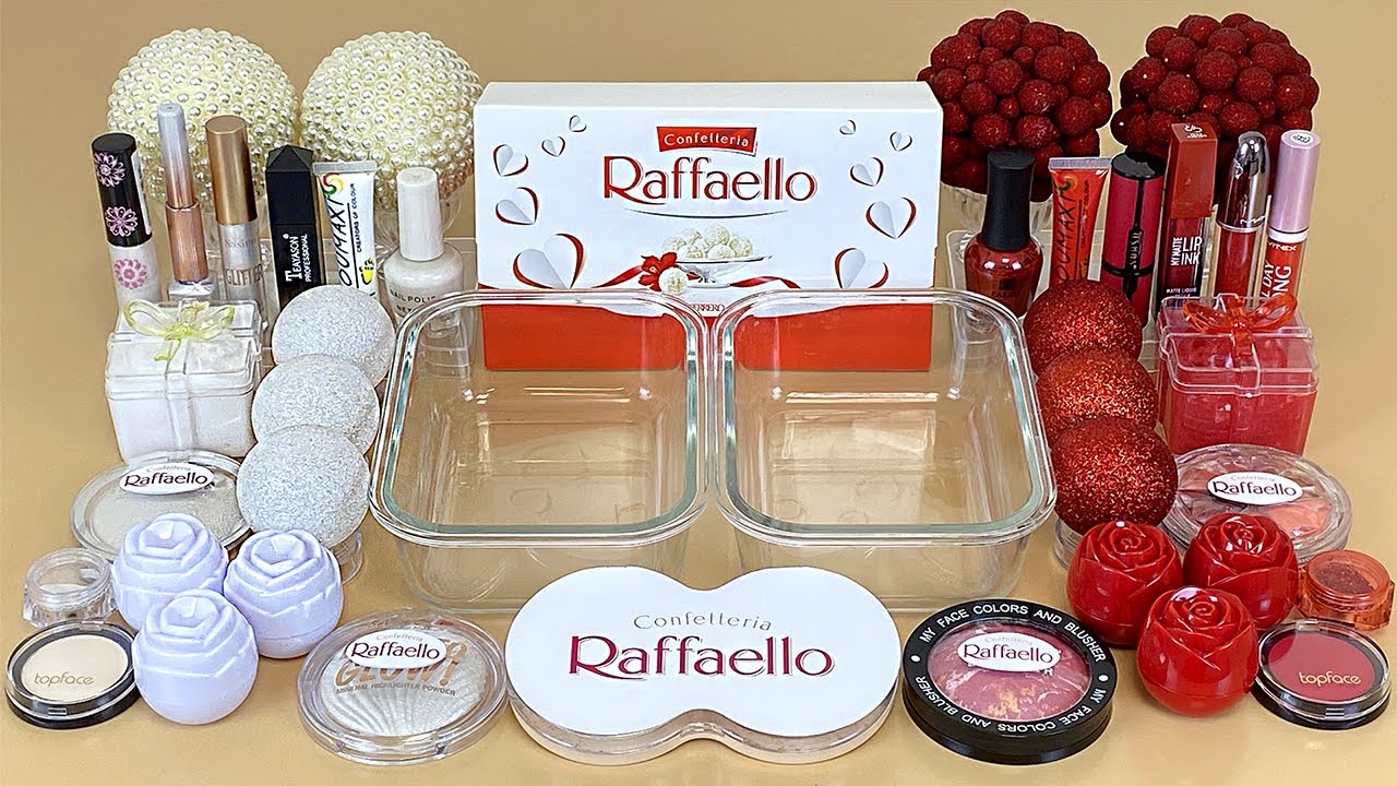 RAFFAELLO SLIME Red vs White Mixing makeup and glitter into Clear Slime ASMR Satisfying Slime Videos