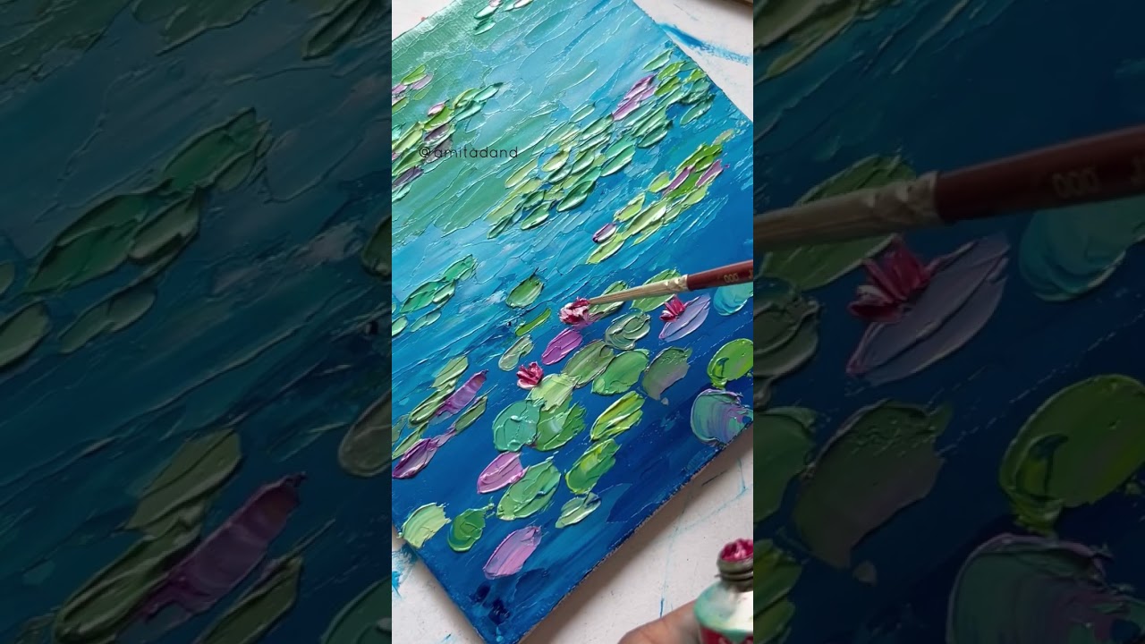 Mini monet&rsquo;s water lilies #canvaspainting #waterlily #oilpainting #paletteknifepainting #miniature