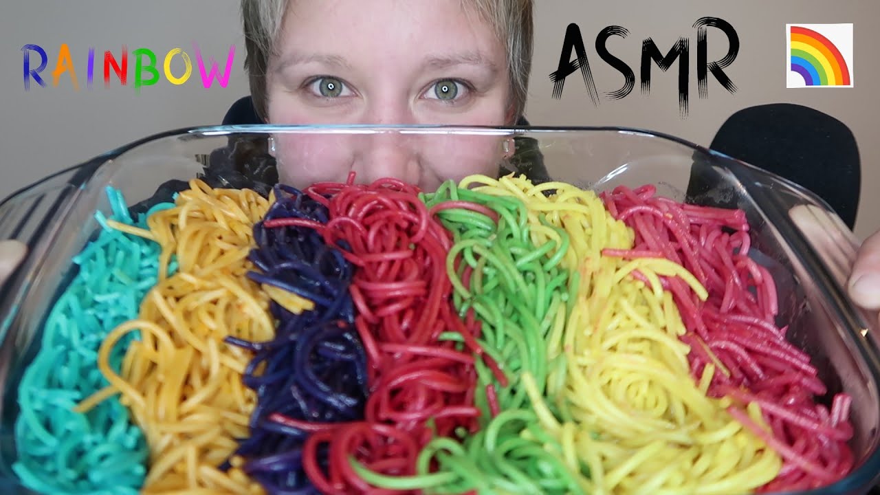 ASMR ~ Eating Rainbow Spaghetti + Visual Triggers