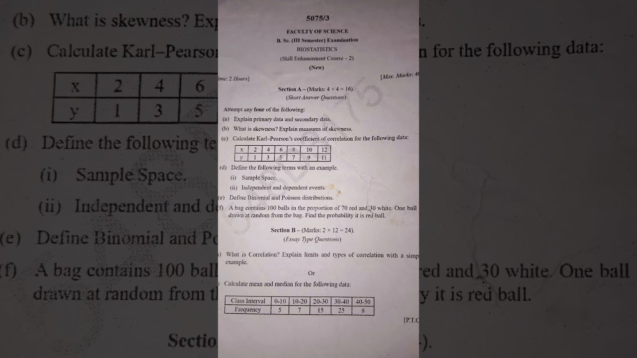 KU 3rd sem biostatistics 2023 EM question paper