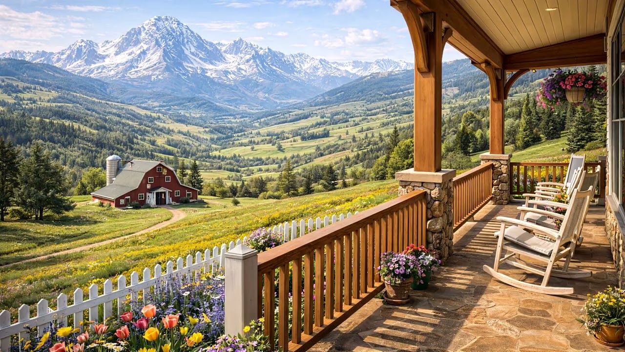 Relaxing Jazz on the Farmhouse Porch 🌿☀️ 4 Hours (Mountain Meadow Ambience, 4K)
