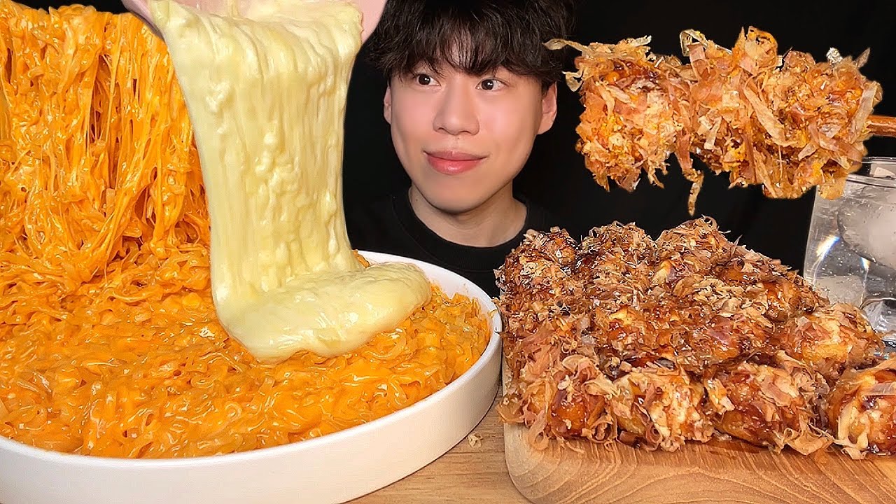 SUB) Корейский сыр булдак с огненной лапшой и такояки мукбанг асмр