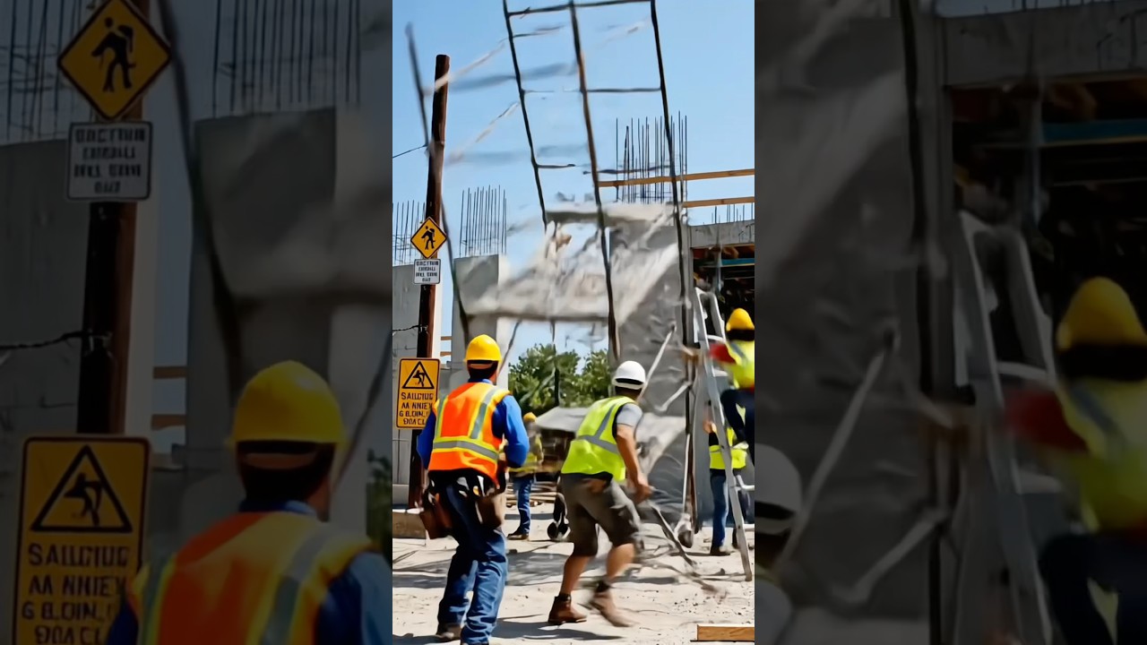 Scaffold Collapse Nearly Hits Construction Workers‼️😬 