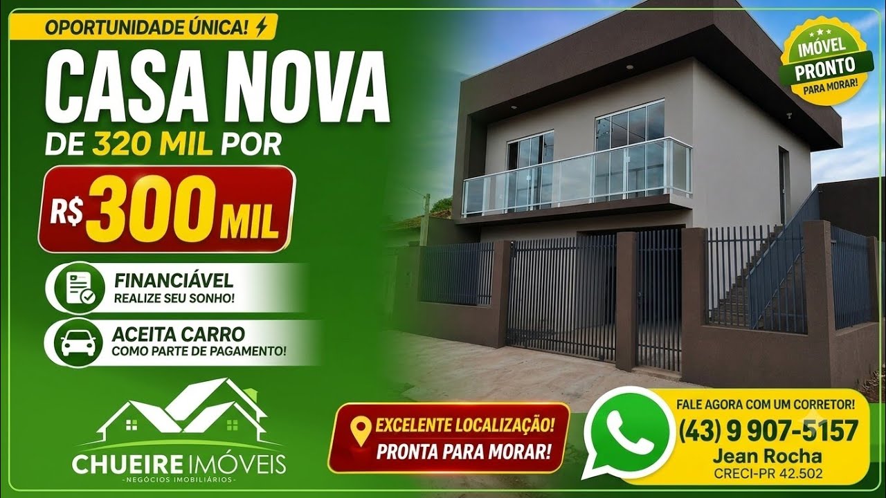 🔥 OPORTUNIDADE EM SIQUEIRA CAMPOS-PR – CASA PRONTA PRA MORAR 🔥 R$  329 MIL