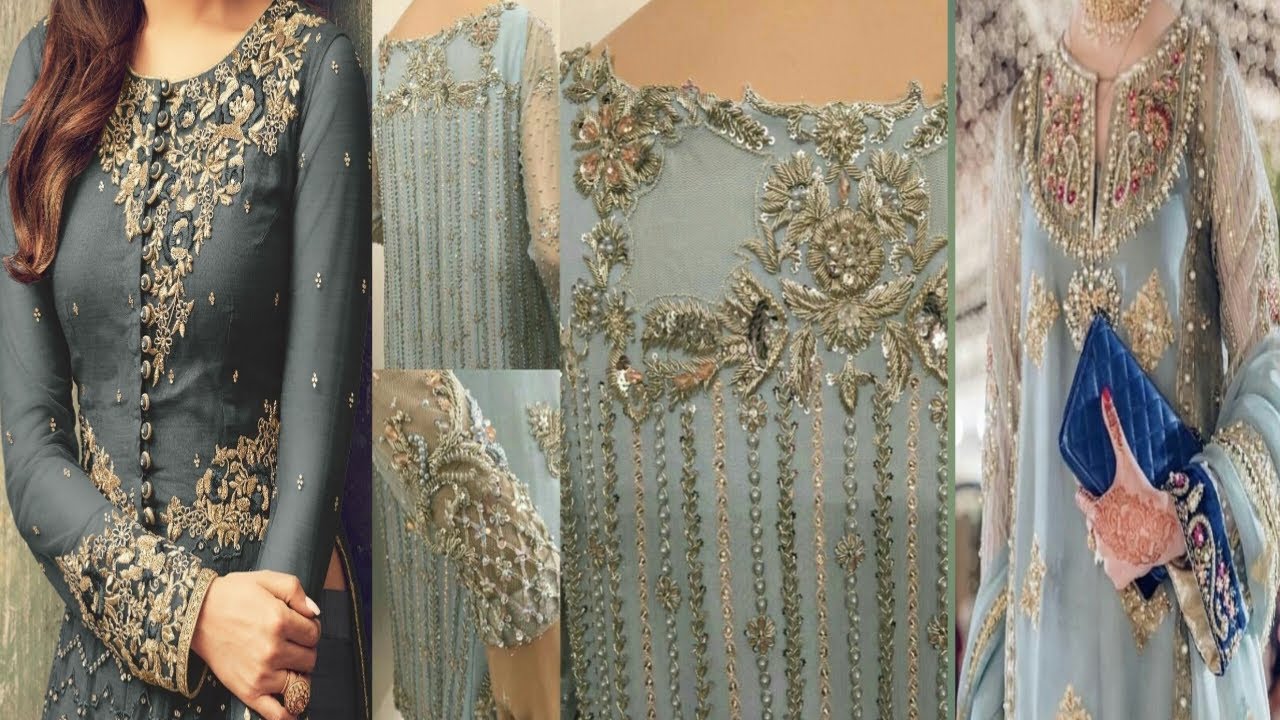 kora dabka work dresses/kora dabka work neck design/tila,zardosi embroidery ..