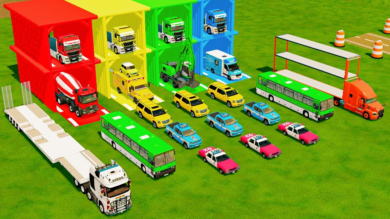 Garage with Colors - ALL MIXER TRUCK WITH DOUBLE FLATBED TRAILER TRUCK, VOLVO, MERCEDES, LIZARD