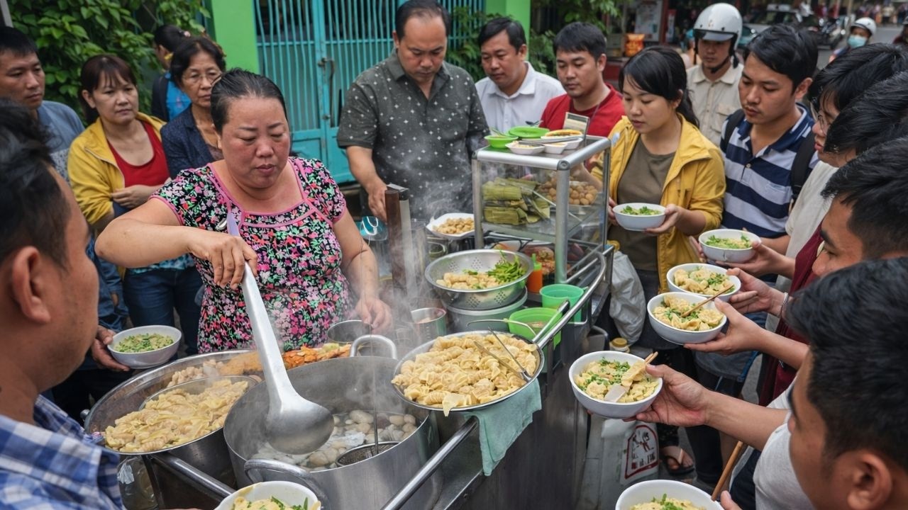 Khách đổ bộ bao quanh xe mì trộn, bà trùm Lệ Chép Sài Gòn cười không khép miệng