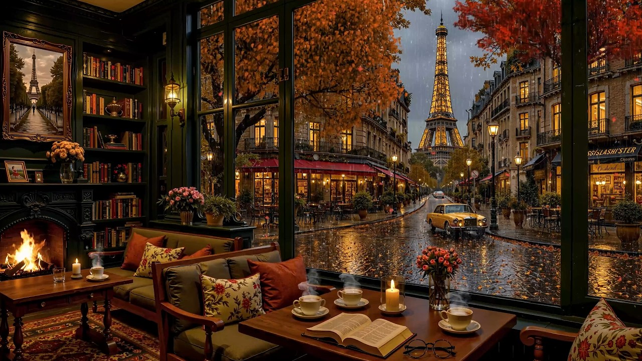 Rainy Autumn Caf&eacute; on Paris Street☕Perfect Background Jazz Music & Fireplace Sounds for Focus, Study