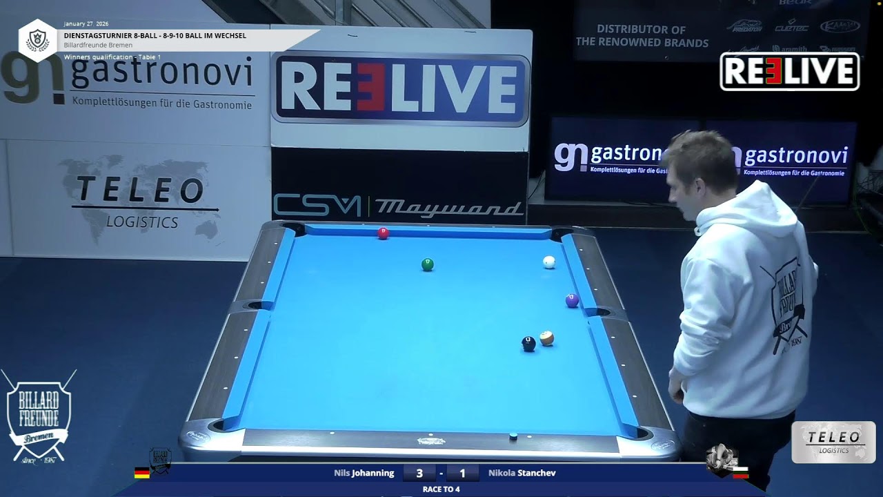 Spieler1} vs Nikola Stanchev Tisch[1] Dienstagturnier Billardfreuden Bremen 8-Ball 27.1.26 Nils Joha