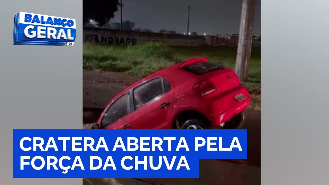 Motorista e cachorro escapam após carro ser engolido por cratera em Ceilândia | Balanço Geral DF