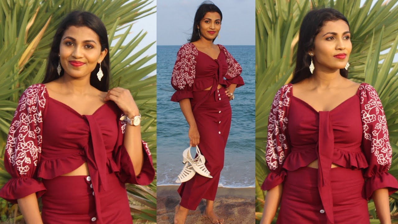 අලුත්ම විලාසිතාවේ croptop එකක් සහ skirt එකක් මහමු | How to sew a front tie Crop Top with skirt |